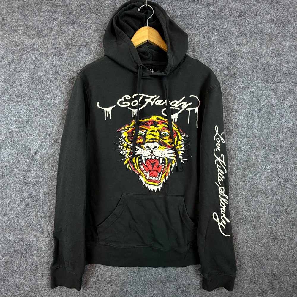 Ed Hardy Hoodie Men Medium Black Cotton Rhinestone Tiger Graphic Y2K 90s Street
